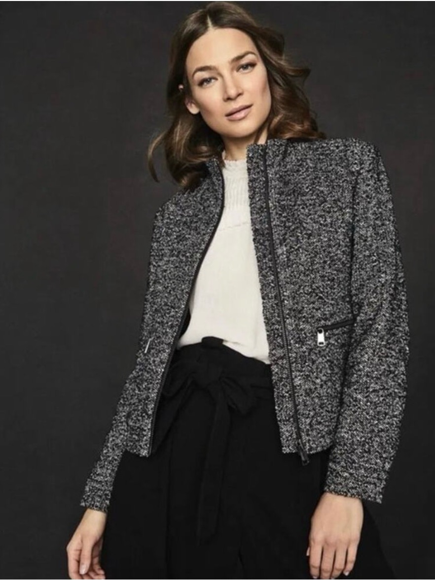 Reiss Suri Textured Zip Through Jacket Size 8 New Black Gray Bomber $475